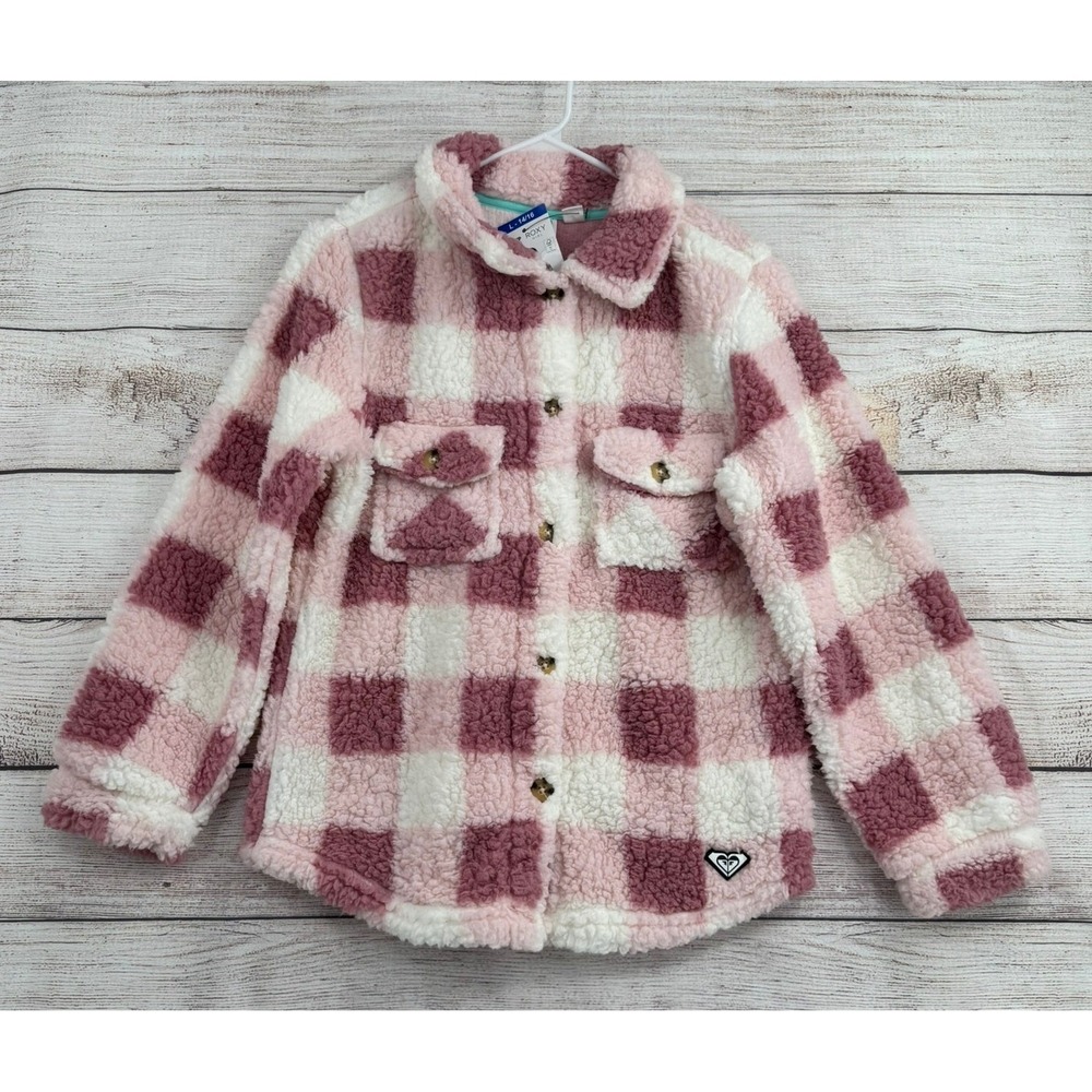 Roxy Shirt Jacket Kids Size L 14/16 Pink Plaid Sherpa Fleece Shacket 25ROFHB03X